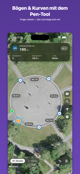 Karte messen zeigt eine Pen-Tool-Kurve um einen Kreisverkehr.