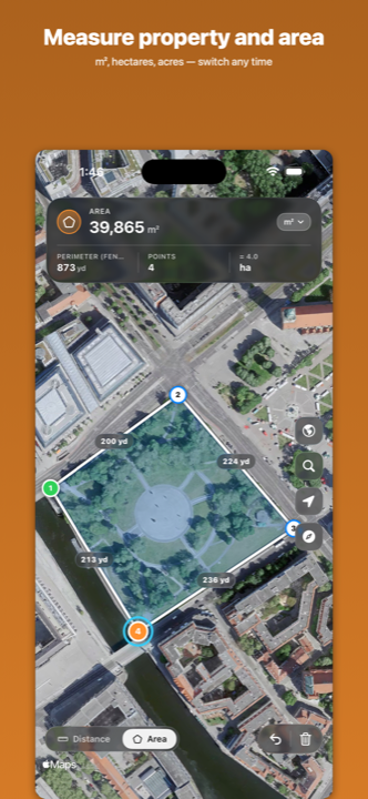Map Measure showing a property outlined as a polygon with the area in square meters.