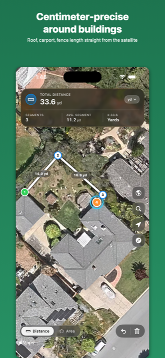 Map Measure measuring distance segments around a house roof.