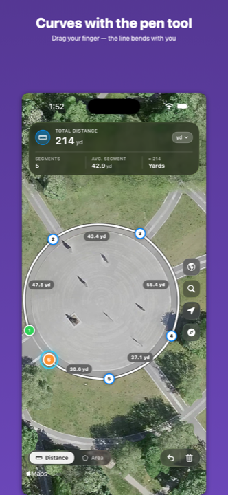 Map Measure showing the pen-tool curve around a roundabout.