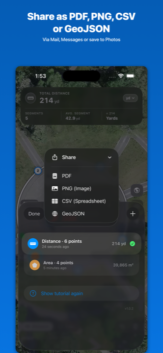 Sessions list with the share menu open, listing PDF, PNG, CSV and GeoJSON export options.